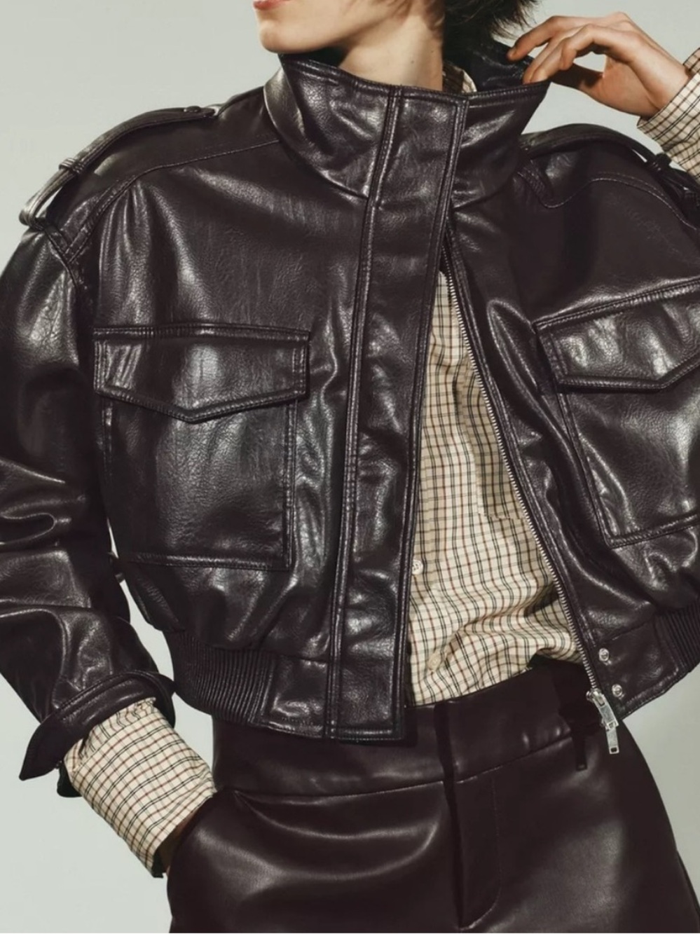 Cropped Faux Leather Bomber Jacket – Dark Brown